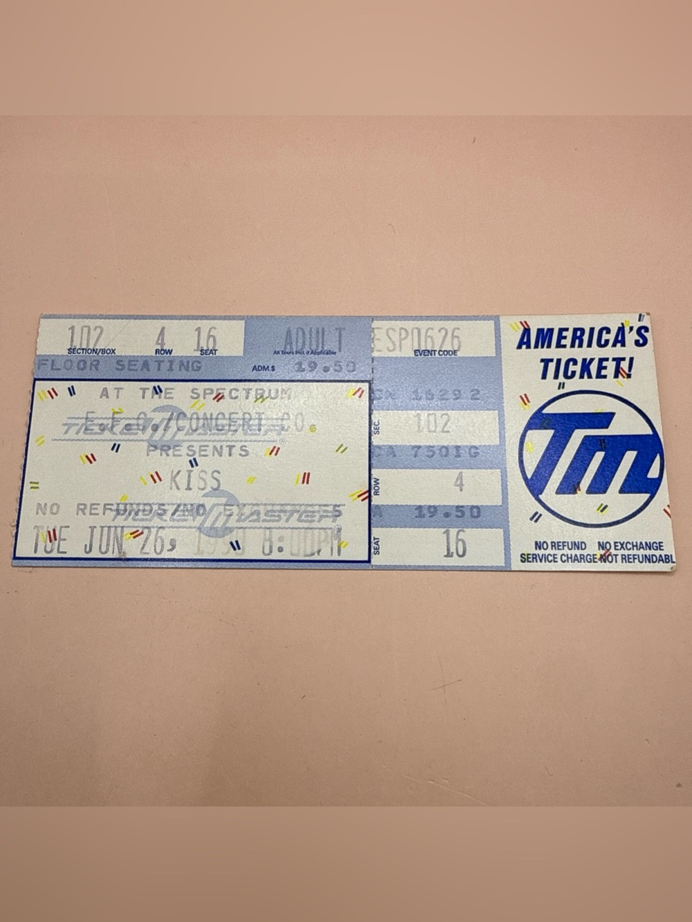 KISS Concert Ticket Stub AT THE SPECTRUM 6/26/1990 Philadelphia PA Row 4 Floor